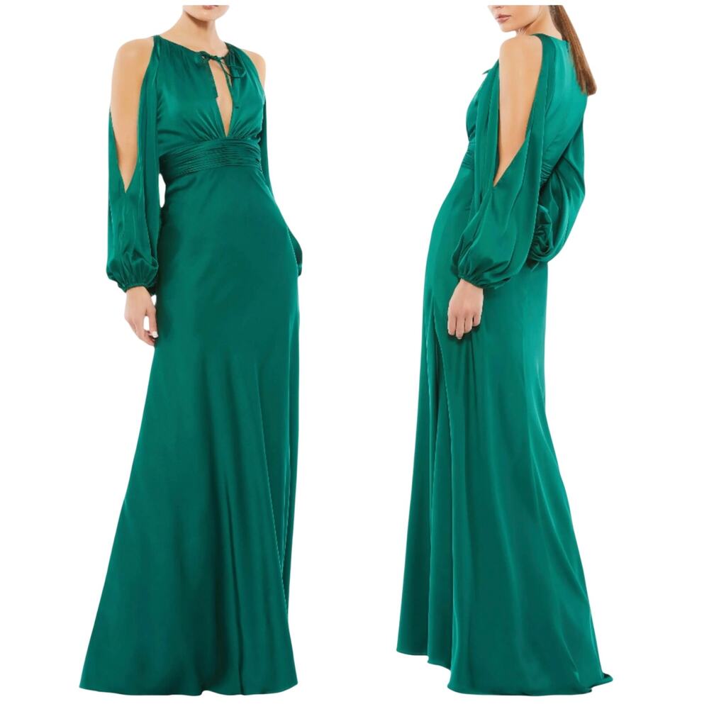 Mac Duggal NWT Green Tied Keyhole Cold Shoulder Bishop Sleeve Satin Gown Size 4